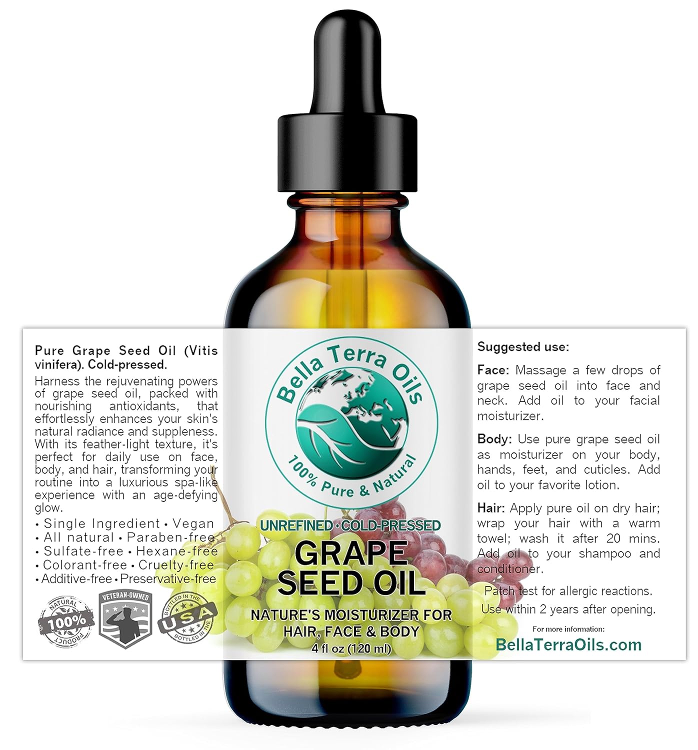 Bella Terra Oils - Organic Grape Seed Oil 4 oz - Embrace the Richness of Polyphenols & Flavonoids, Infused with Oleic Acid, For a Silky-Smooth Skin Finish