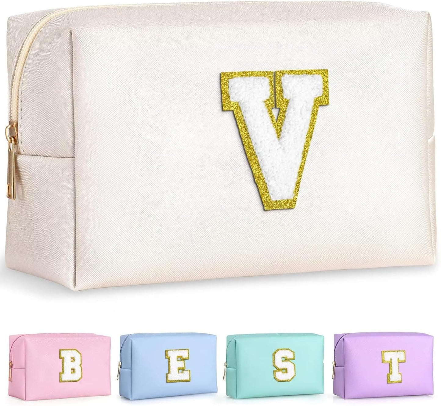 TOPEAST Initial Makeup Bags for Women, Personalized Portable Cosmetic Bag for Travel, Cute Makeup Pouch, PU Leather Waterproof Toiletry Bag, Preppy Things for Girl (White V)