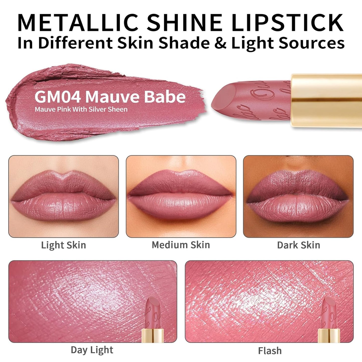 Oulac Matte Mauve Pink Lipstick with Glow Metallic Finish - Vegan Lipstick for Women, Creamy Texture, Hydrating Clean Beauty Formula, High-End Magnetic Hook Design, GM04 Mauve Babe