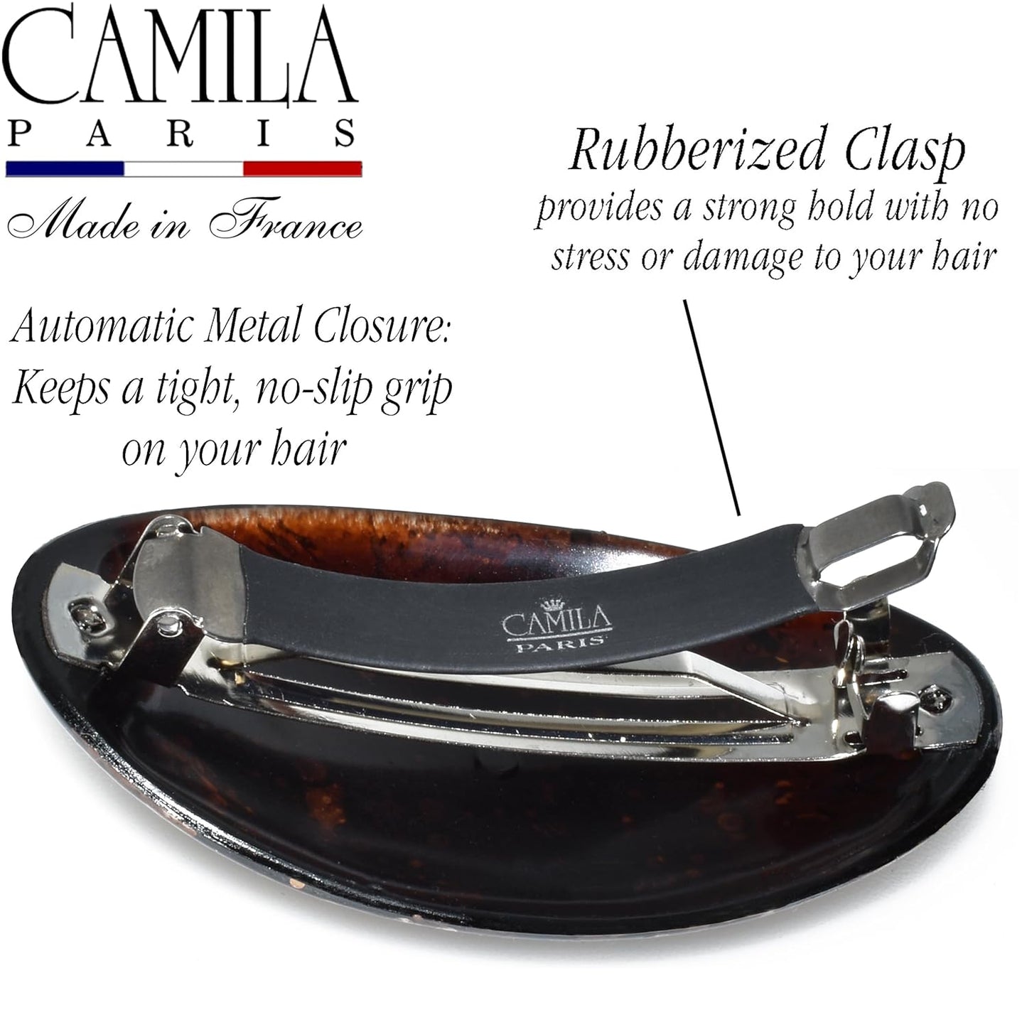 Camila Paris CP3869 French Hair Barrette Clip Oval Brown and Gold, Strong Hold Grip Hair Clips for Women, No Slip Rubberized Metal Closure, Durable Styling Girls Hair Accessories, Made in France