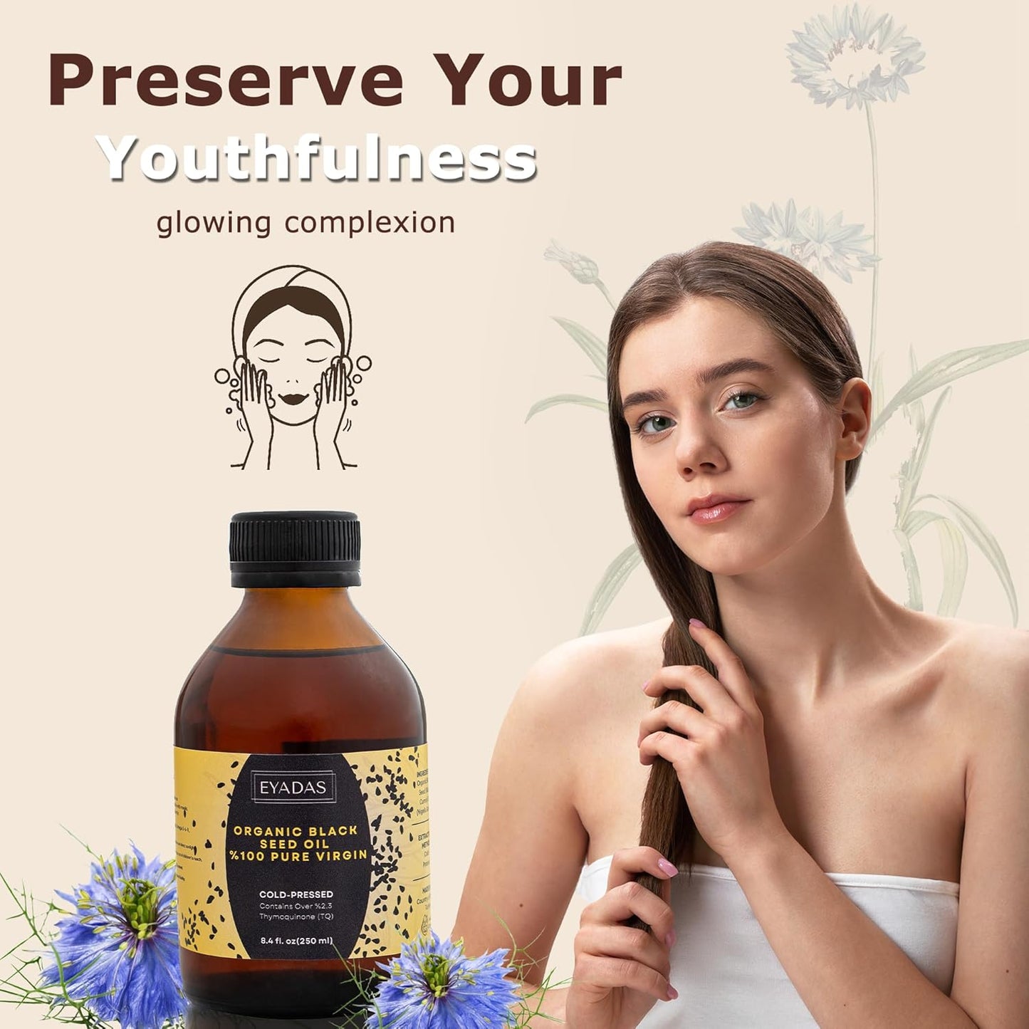 Organic Black Seed Oil 8.4 Fl Oz – 100% Turkish Cold-Pressed Nigella Sativa with 3X Thymoquinone – Pure Cumin Extract in Amber Glass Bottle for Immune, Hair, Skin & Overall Wellness