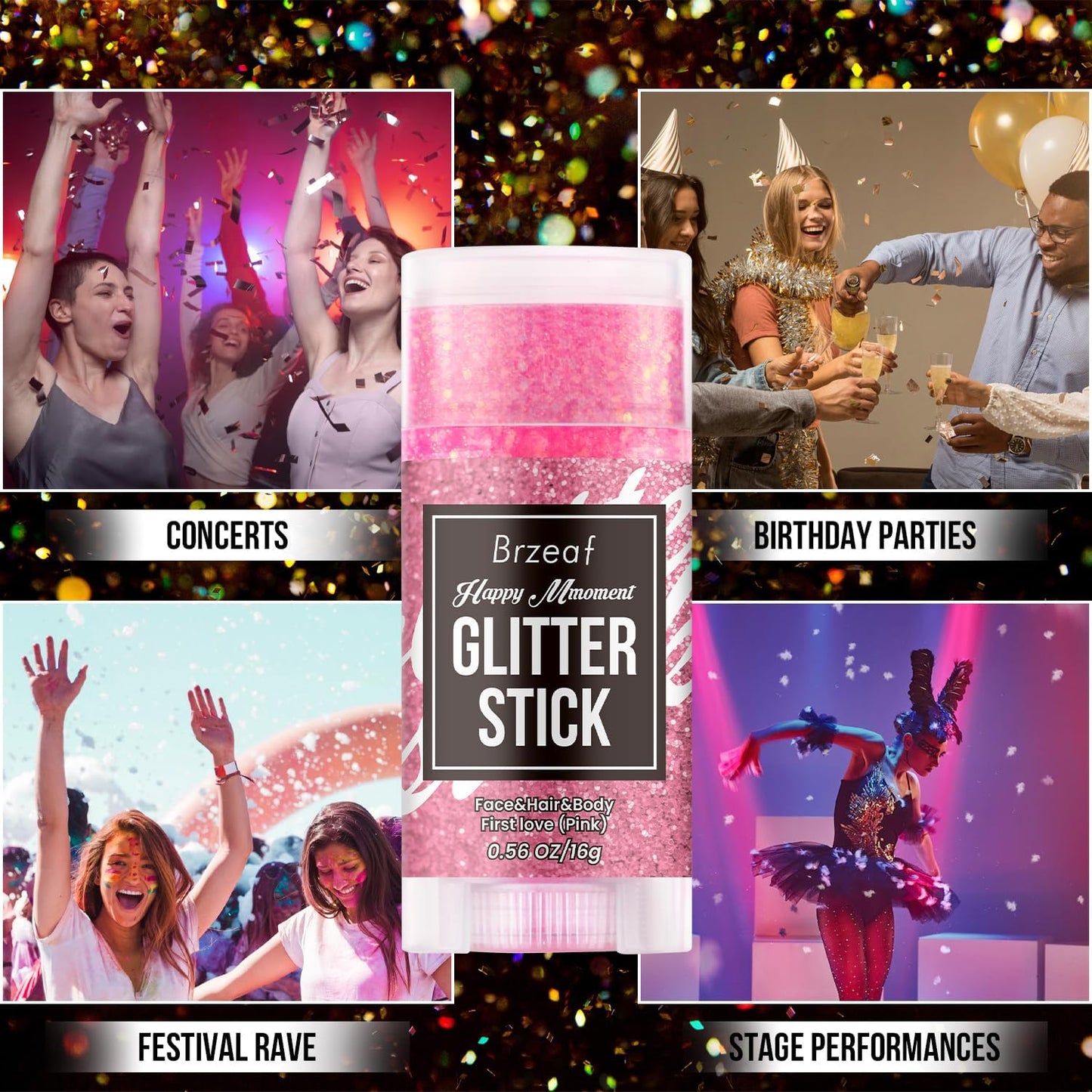 Brzeaf Waterproof Pink Glitter Stick, Not Greasy & Long Lasting, Chunky Glitter for Face/Body/Hair/Eyes/Lip, Singer Concert Music Rave Festival, Glitter Stick Makeup & Face Glitter Gel for Women Men