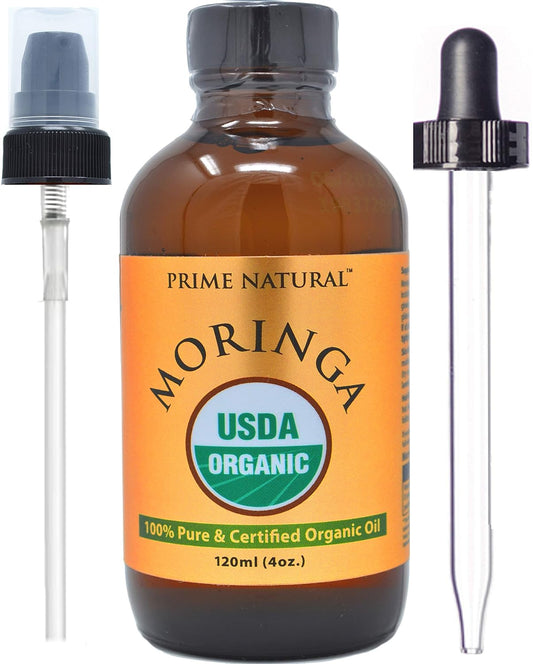 PRIME NATURAL Organic Moringa Oil USDA Certified, 100% Pure, Cold Pressed, Virgin, Unrefined Oil (4oz /120ml) - Joints, Skin, Face, Body & Hair - Vegan - Food Grade - Natural Moisturizer