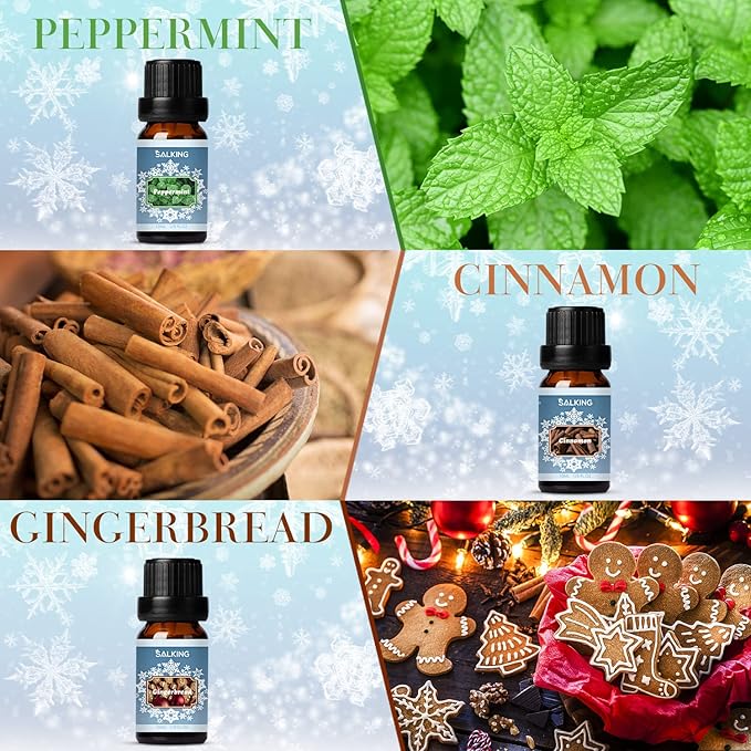 SALKING Winter Set of Scented Oils, Premium Fragrance Essential Oils Gift Set for Diffuser, Soap & Candle Making Scents - Cinnamon, Christmas Wreath, Sugar Cookie, Cranberry, Peppermint, Gingerbread