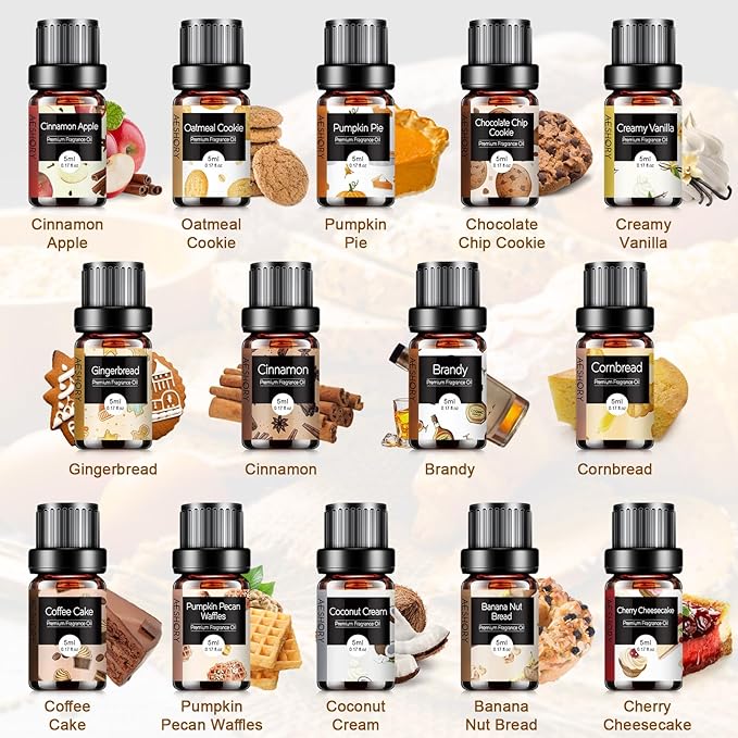 Bakery Essential Oils Set - Fragrance Oil for Diffusers, Candle Making - Pumpkin Pie, Coffee Cake, Oatmeal Cookie, Gingerbread, Cinnamon Apple Aromatherapy Scented Oils (5ml)