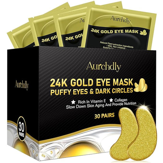 Under Eye Patches(24K Gold 30 Pairs), Gel Eye Mask for Reduce Dark Circles, Puffy Eyes,Undereye Bags, Wrinkles,-with Hyaluronic Acid & Collagen,Eye Treatment Skin Care for Men & Women Gift