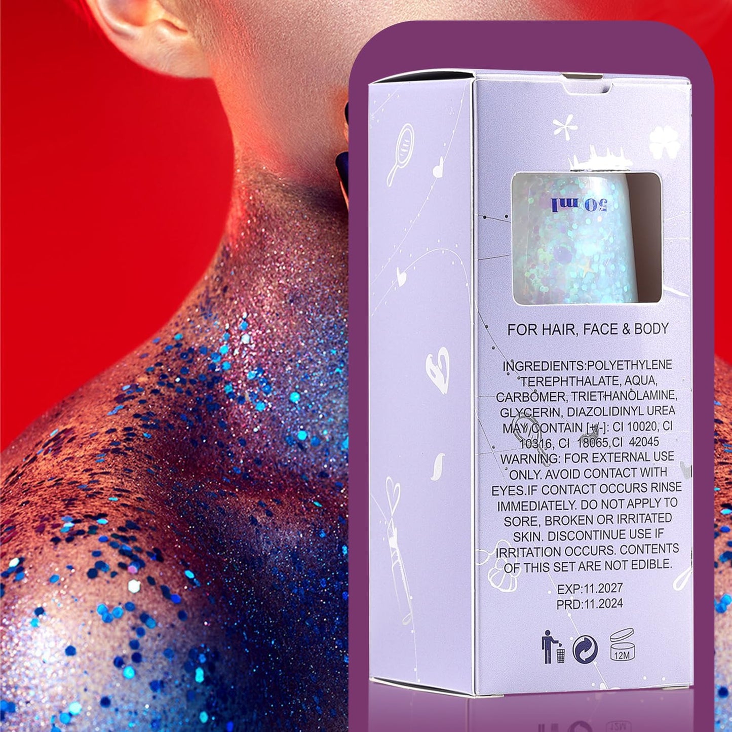 JASSINS 2PCS Body Glitter, 100ml Blue and White Face Glitter for Women Girls Kids, Glitter Gel Makeup Tween Gifts, Singer Concerts Festival Rave Accessories, Chunky Mermaid Sequins Glitter