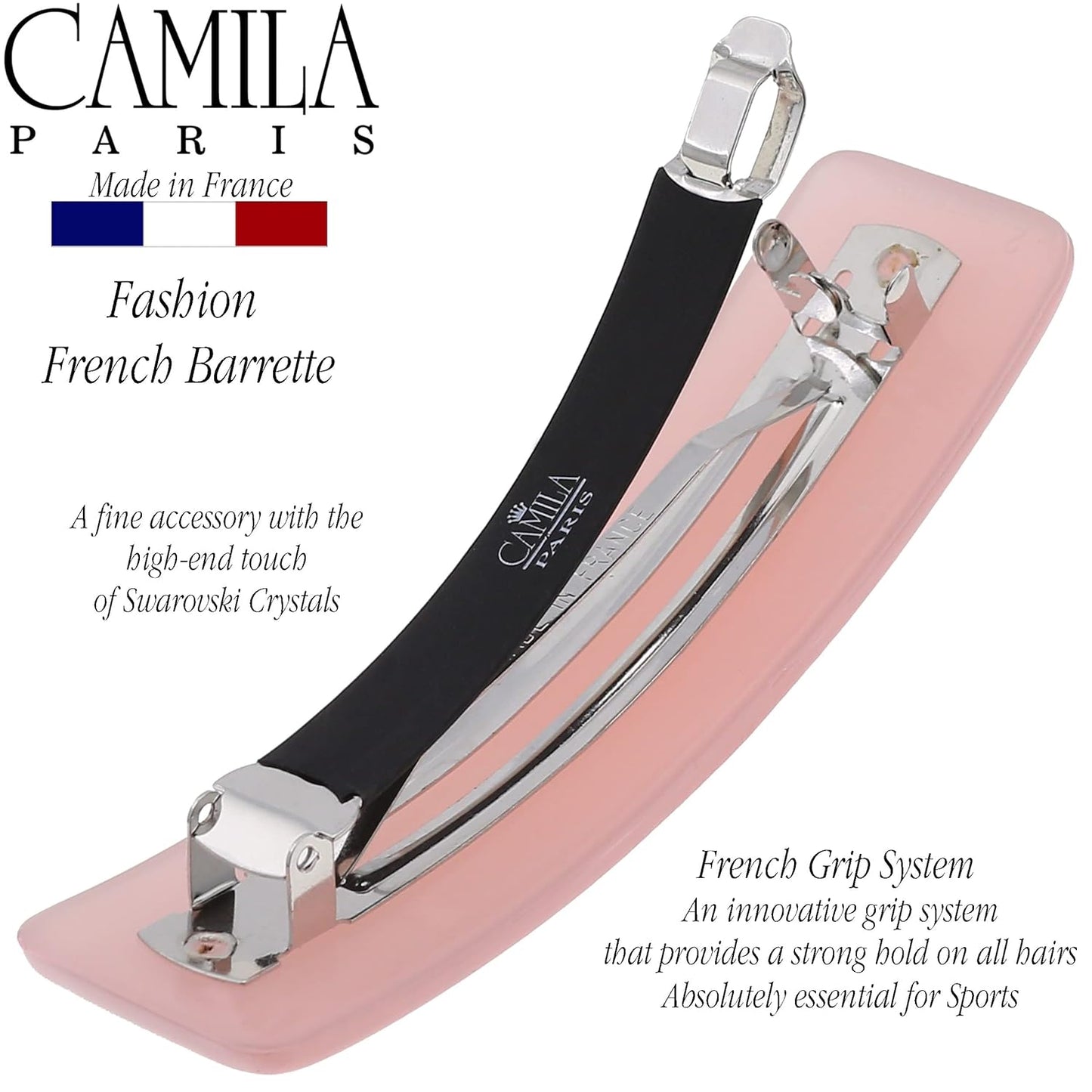 Camila Paris CP3446 French Hair Barrette Clip for Girls, Pink, Rubberized Automatic Clasp Strong Hold Grip Hair Clips for Women, No Slip and Durable Styling Girls Hair Accessories, Made in France