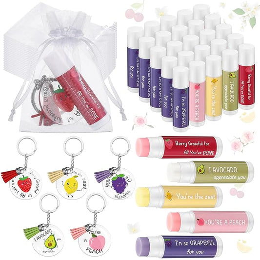 30 Sets Moisturizing Lip Balms Bulk Employee Appreciation Gifts with Fruit Pun Keychains and Organza Bags for Coworker Teacher Appreciation Mothers Day Gifts