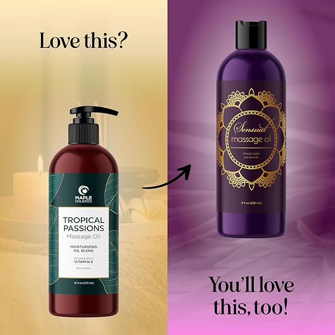 Tropical Massage Oil for Couples Relaxation - Full Body Massage Oil for Date Night with Smooth Gliding Coconut and Sweet Almond Oil with Mango Scent - Non GMO Gluten Free & Vegan (16 Fl Oz)