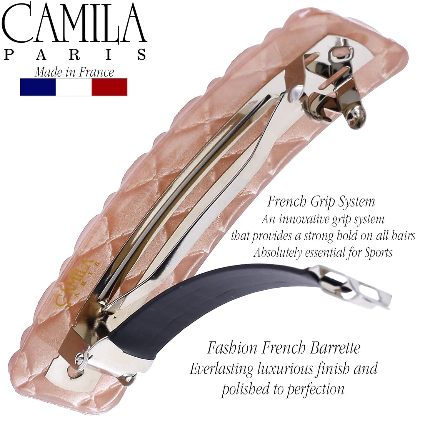 Camila Paris CP3249 French Hair Barrette Clip for Girls, Pink Shell, Rubberized Metal Closure Strong Hold Grip Hair Clips for Women, No Slip Durable Styling Girls Hair Accessories, Made in France