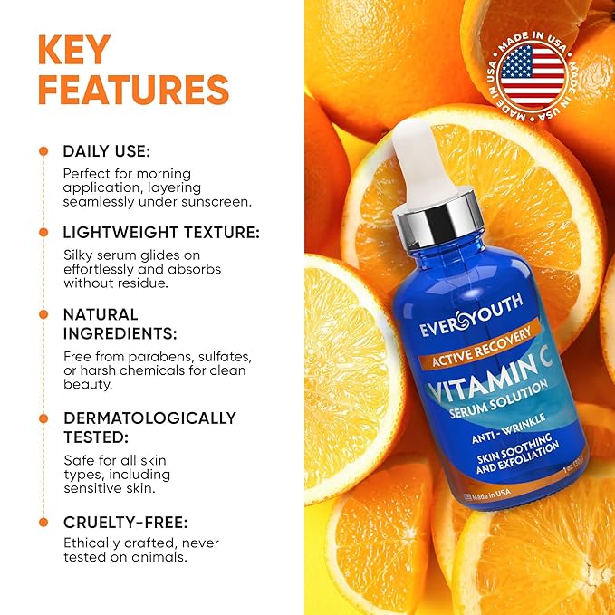 Vitamin C Serum 20%, Anti Aging Stem Cell Serum for Face with Hyaluronic Acid, Collagen Peptides, Vitamin E, Korean Skin Care Brightening Dark Spot Corrector for Wrinkles, Age Spots & Fine Lines, 1 oz