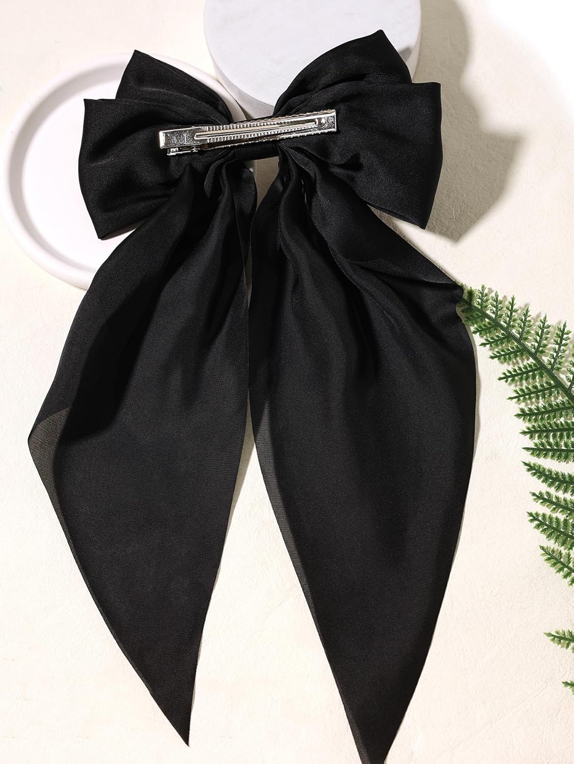 Furling Pompoms Red Hair Bow,Black Satin Bows for Hair,Long Tail Hair Bow Barrette Clips