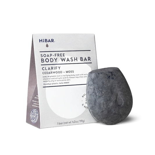 HIBAR - Clarify Solid Body Wash Bar - Detoxify & Purify - With Activated Charcoal & Salicylic Acid - Daily Use & Sensitive Skin - Plastic, Paraben & Soap-Free - Vegan - Cedarwood + Moss