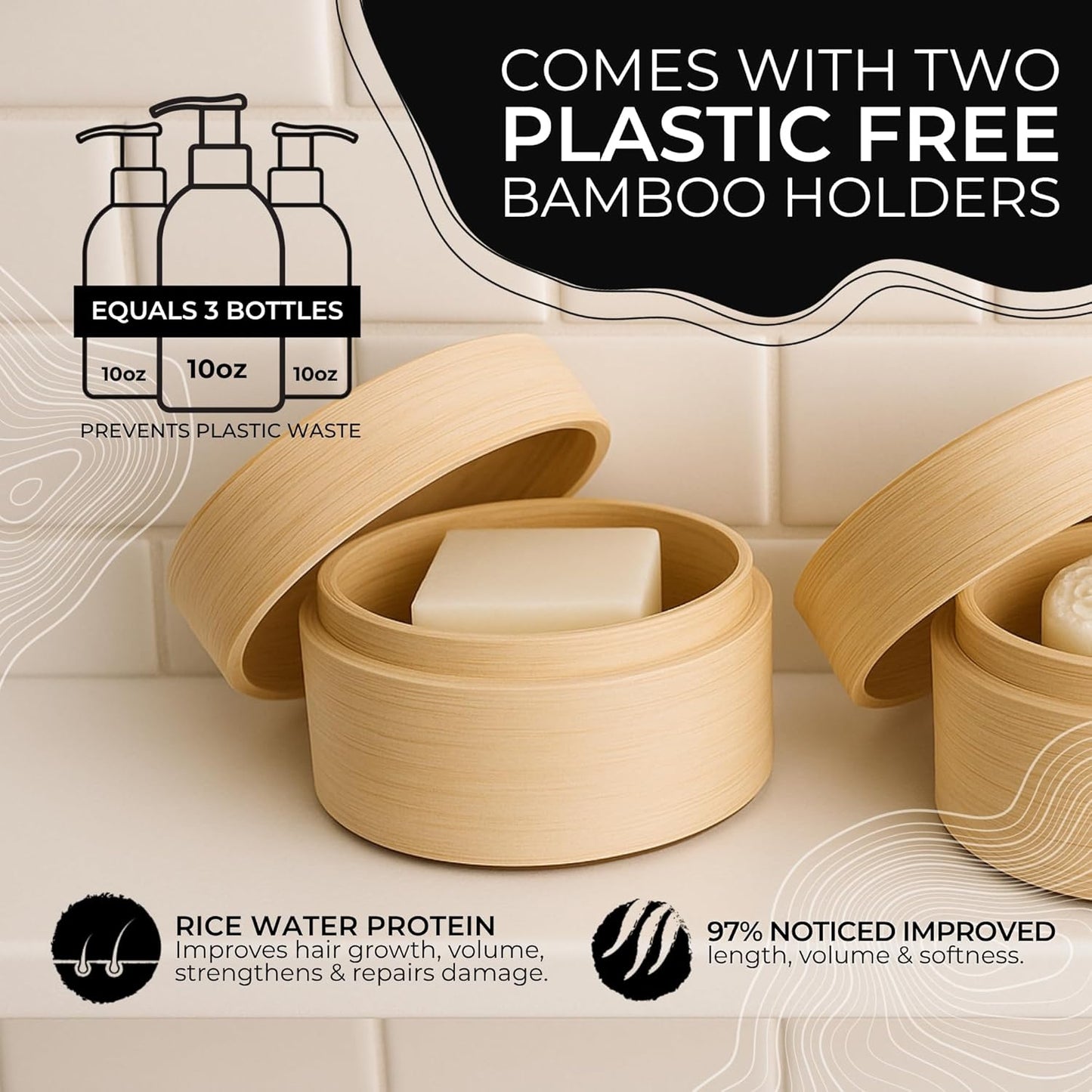 Viori Hidden Waterfall Shampoo and Conditioner Bar Set and Bamboo Holder - Made with Rice Water for Hair Growth - Handcrafted Sulfate Free Shampoo and Conditioner