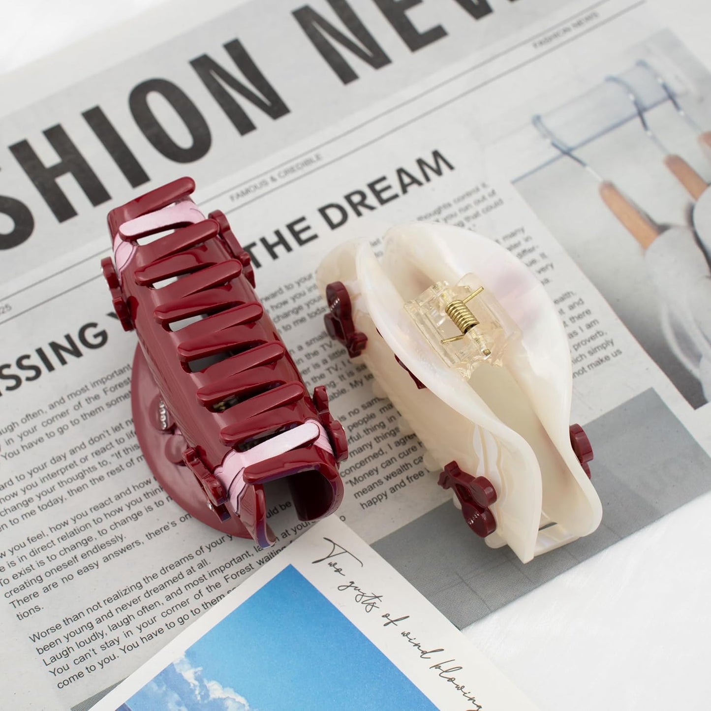 2 Pack Handmade Burgundy & Cream Acetate Claw Clips with Cherry Accents, Cute Cherry Hair Clips for Women, Sturdy Claw Clips for Thick Hair