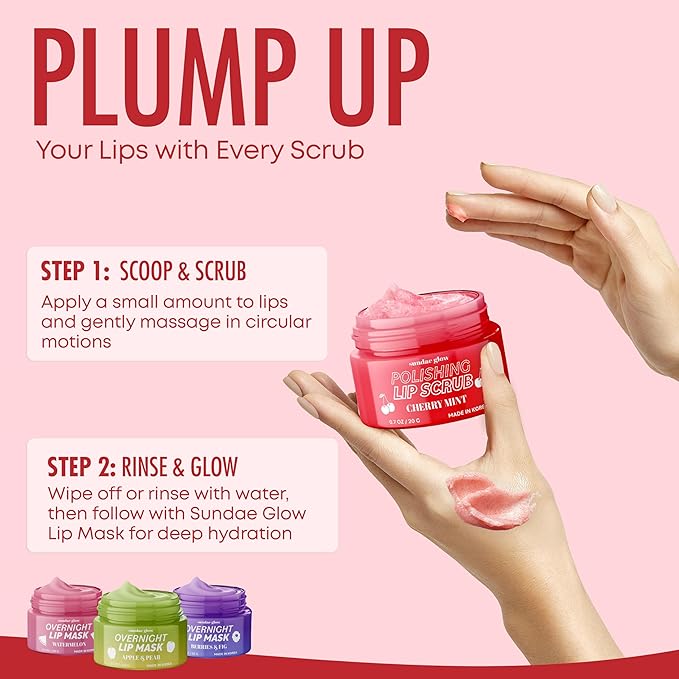 Cherry Mint Lip Scrub - Dermatologist Tested, Anti-Aging, Korean Skin Care, Deep Exfoliation & Hydration - Smooth, Soft, Plump Lips - Clean Beauty, Vegan, Non-GMO - 1 Pack