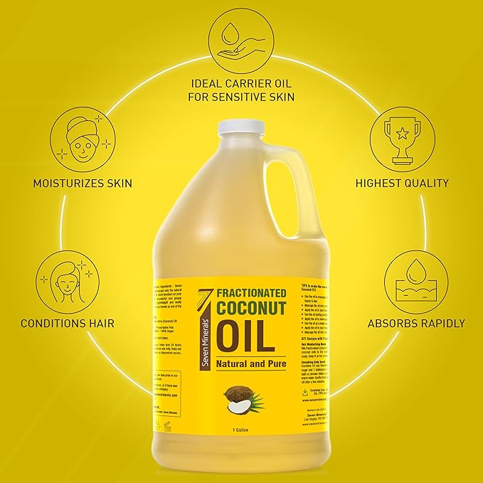 Seven Minerals Pure Fractionated Coconut Oil - 1 Gallon - Non-GMO, 100% Natural, Lightweight Massage Oil for Therapy on Skin, Hair, More - Perfect Bulk Carrier Oil for Essential Oils (128 fl oz)