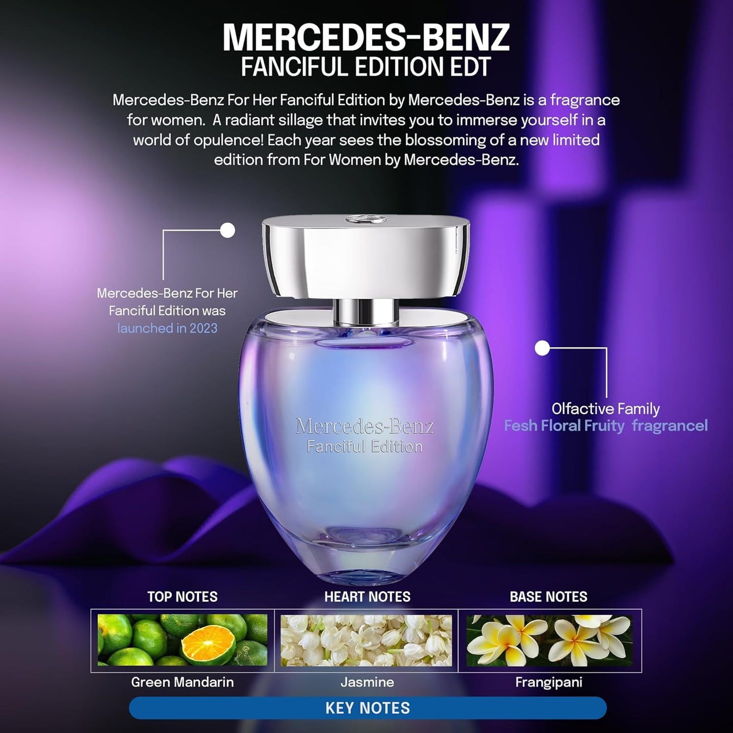 Mercedes Benz Fanciful Eau De Toilette Perfume Spray for Women - 3 Fl Oz - Parfum for Her - Citrus & Musky Scent - Luxury Long Lasting Fragrance with Notes of Mandarin, Rose & Amber wood