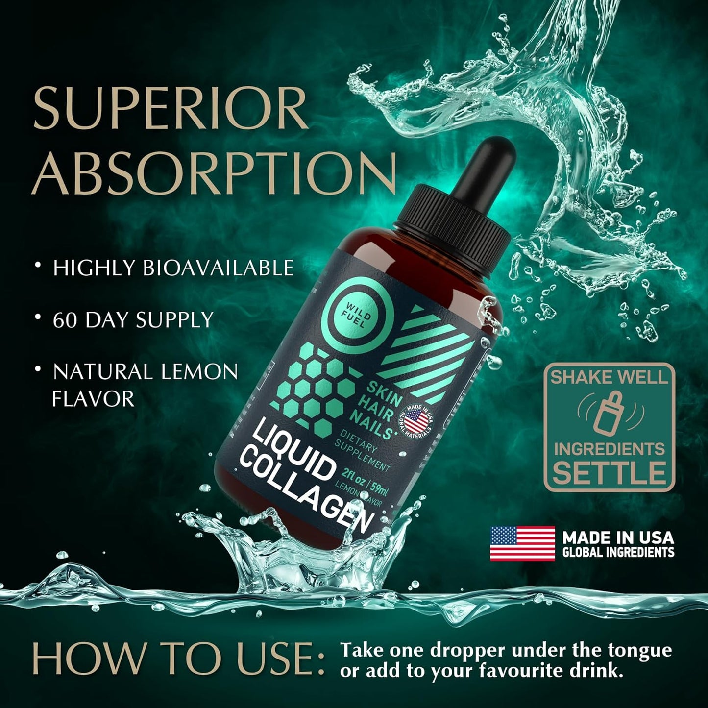 Liquid Collagen Peptides with Biotin Drops - 30,000mcg Collagen Liquid for Women and Men plus Biotin - Youthful Skin, Hair Growth, Strong Nails - Hair Vitamins for Hair Loss - Lemon Flavor - 2x2oz