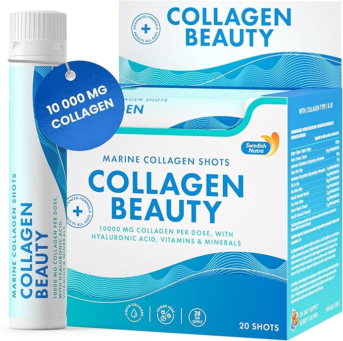Swedish Nutra - Collagen Beauty | 10,000 mg Hydrolyzed Marine Collagen Liquid Supplement - 20 x 25 ml Daily Shots | Hyaluronic Acid and Vitamin C to Support Healthy Hair, Skin, Nails | Sugar-Free