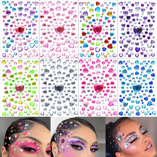 808 Pieces Heart Rhinestones Stickers Self Adhesive Flat-Back Acrylic Heart Gems Jewels Stickers for Makeup Body Eye Nail Hair Rhinestones, Wedding Valentine's Day Decor DIY Craft