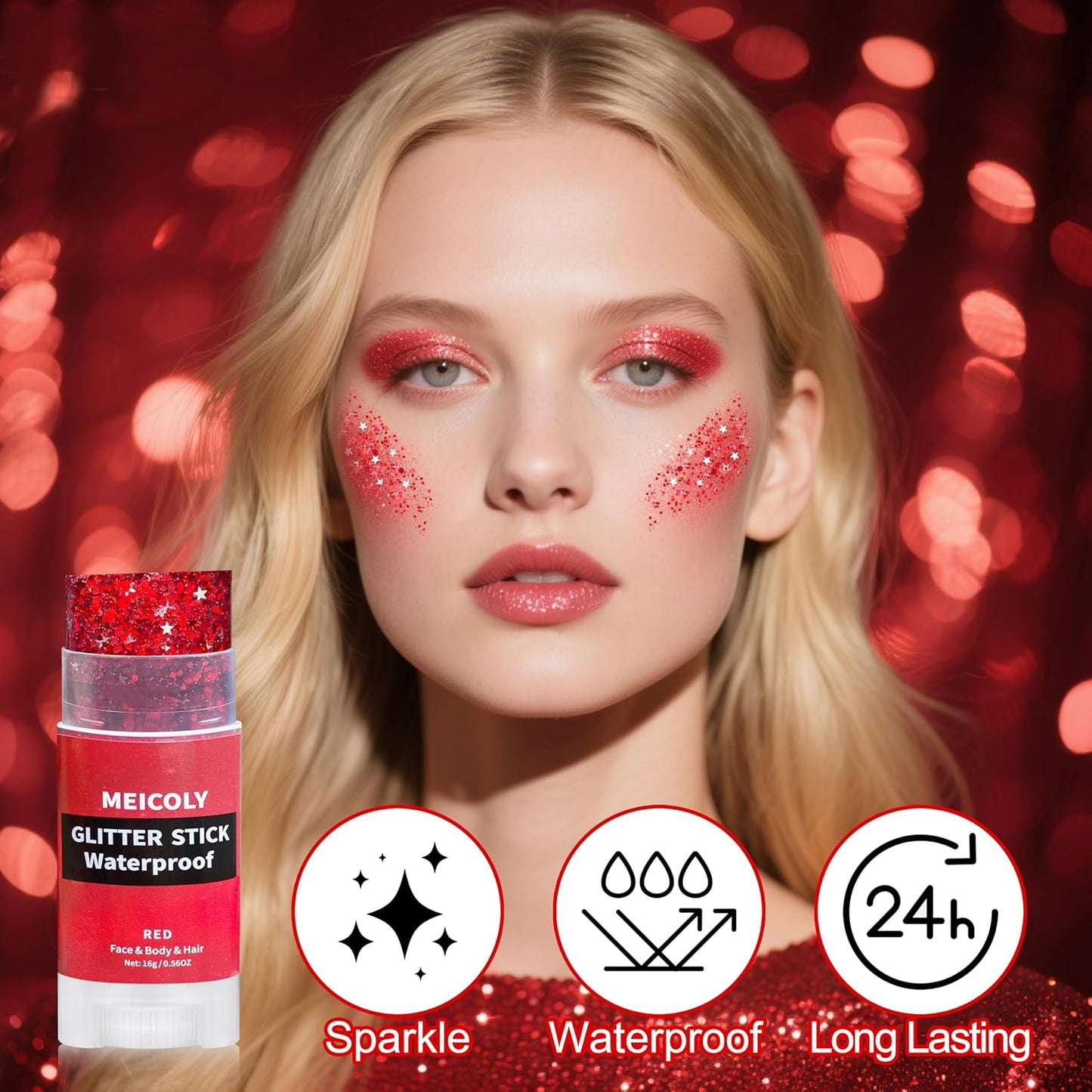 MEICOLY Red Face Body Glitter Stick,Hair Glitter Stick for Kids and Women,Sparkle Chunky Glitter Makeup for Halloween Mardi Gras,Waterproof Face Glitter for Party Rave Festival
