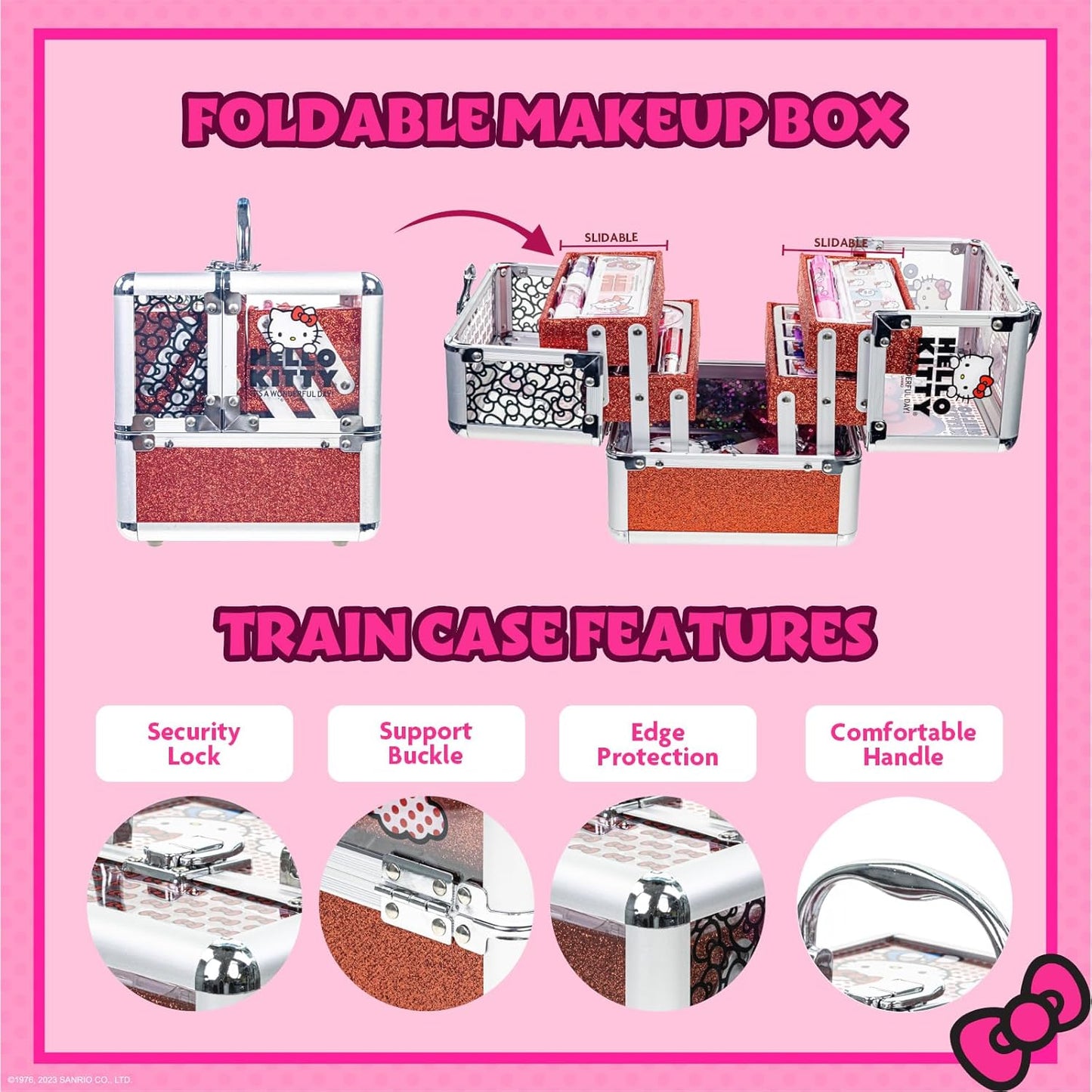 Hello Kitty Train Case Cosmetic Makeup Set Includes Lip Gloss, Eye Shimmer, Nail Polish, Hair Accessories & More! For Girls, Ages 6+ Perfect for Parties & Makeovers by Townley Girl