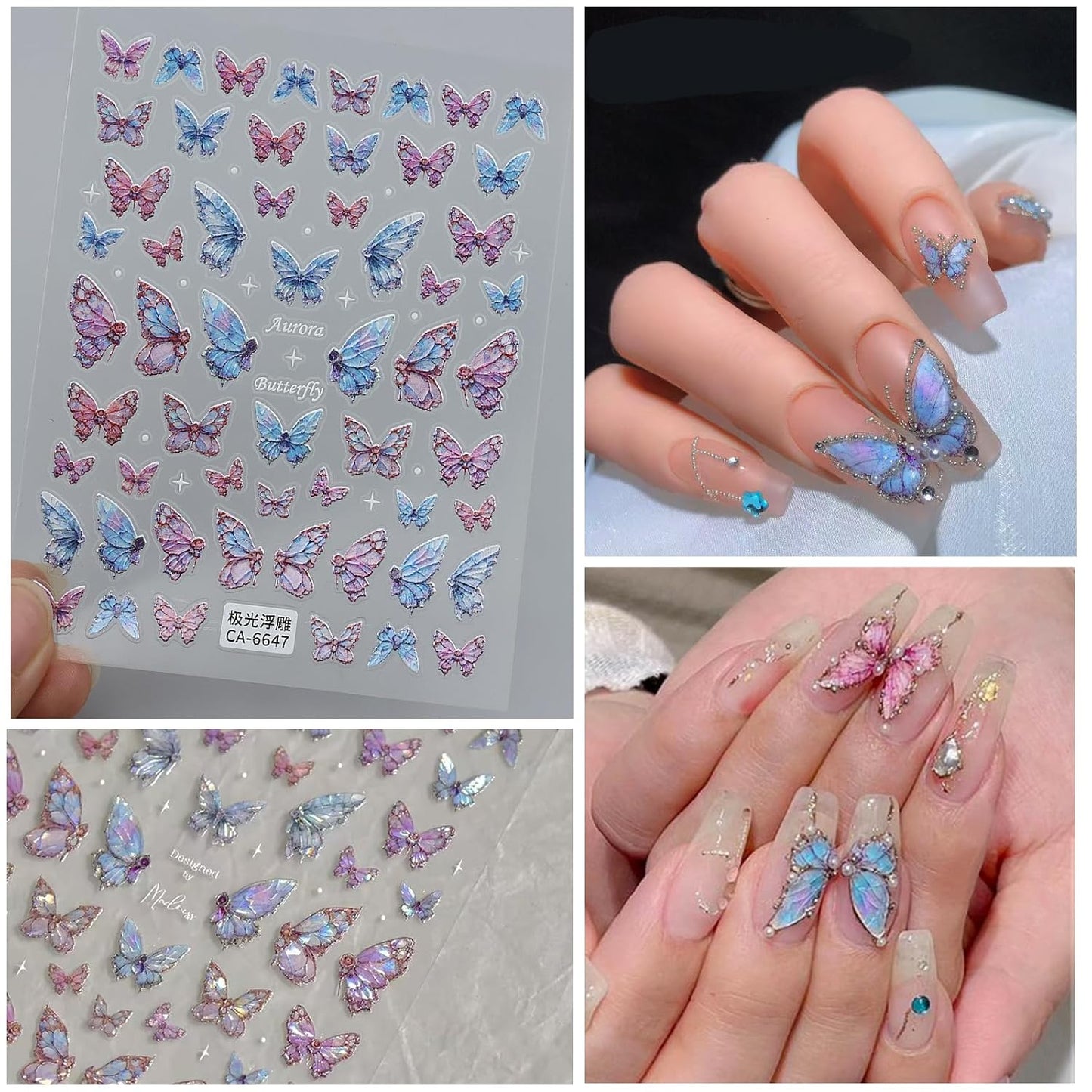 6 Sheets Butterfly Nail Art Stickers Decals 5D Embossed Nail Decals Spring Blue Pink Butterfly Nails Design Self-Adhesive Accessories 3D Nails Stickers for Women