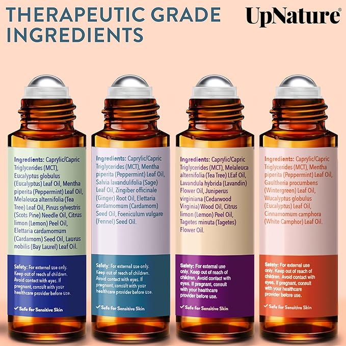 UpNature Essential Oils Roll On Set (Pack of 4) Stress Relief Gift Aromatherapy Oil - Self Care Gifts for Women
