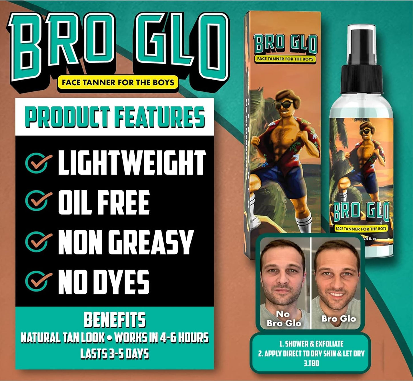 Bro Glo Self Tanner for The Boys - Quick Application Foam Mousse - Easy Sunless Tan For Your Face - Oil Free Water Based for Faster Skin Drying - Natural Sun Kissed Bronze Color Perfect for Men - Beach and Pool Not Required 3.4 FL oz