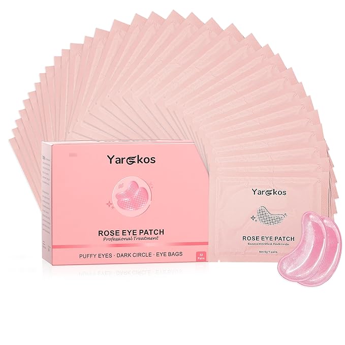 32 Pairs Pink Under Eye Patches, Rose Cooling Hydrating Eye Mask for Dark Circles Puffiness Puffy Eyes, Anti Wrinkle Collagen Undereye Pad, 32 Sets Women Travel Beauty Skincare Face Gel