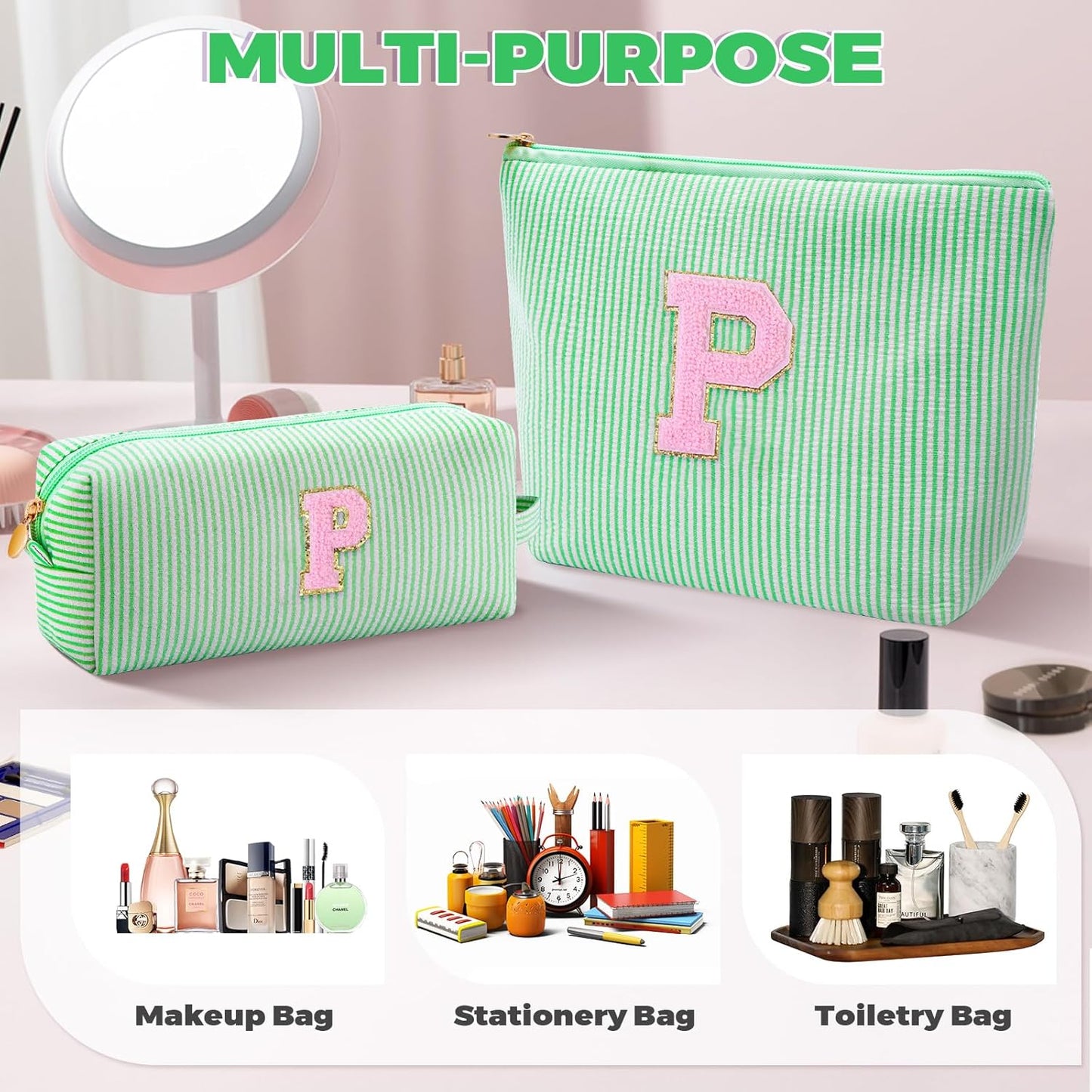 Personalized Makeup Bag for Women Girls - Fashion Cosmetic Bag Trendy Travel Toiletry Bag with Initials Letter - Teen Gifts - Green,P