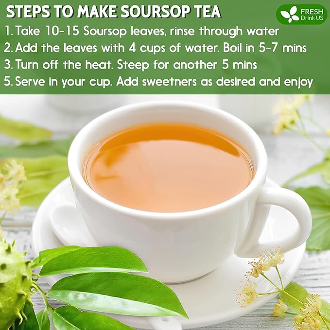 FreshDrinkUS, 55+ Premium Soursop Graviola Dried Leaves, 55-60 Natural Whole Leaves, Wildcrafted, Graviola, Hoja Guanabana, Soursop Loose Leaf Herbal Tea, No Gluten, Vegan