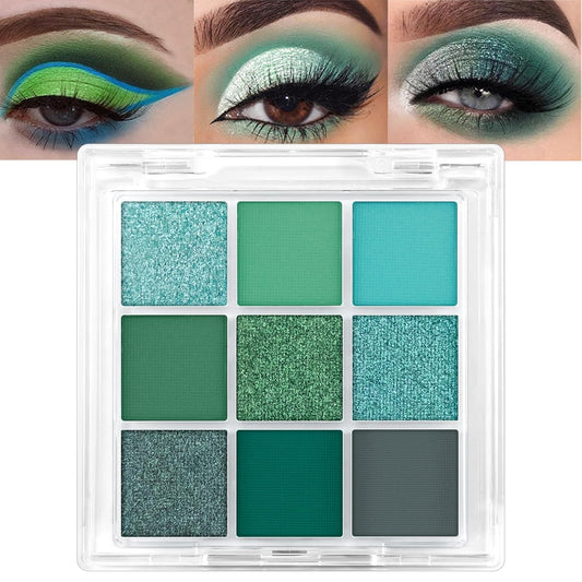 Erinde Matte Shimmer Light Deep Green Eye Shadow Palette Makeup Eyeshadow, Long Lasting Waterproof Cruelty-Free, 9 Blendable Shades Smooth Finishes Powder with Gorgeous Pearls for Girls