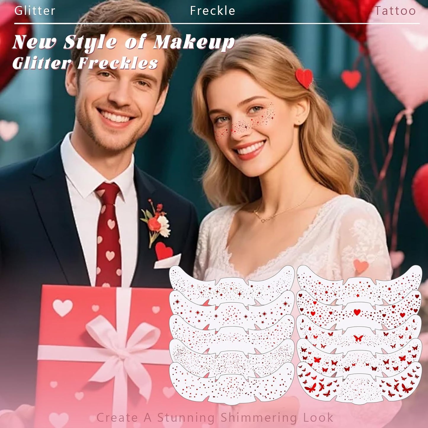 10 Styles Red Glitter Freckles Face Tattoo, Waterproof Sparkle Cute Star Butterfly Face Glitter Speckles Patches for Women, Metallic Temporary Tattoo Halloween Accessories Makeup for Rave