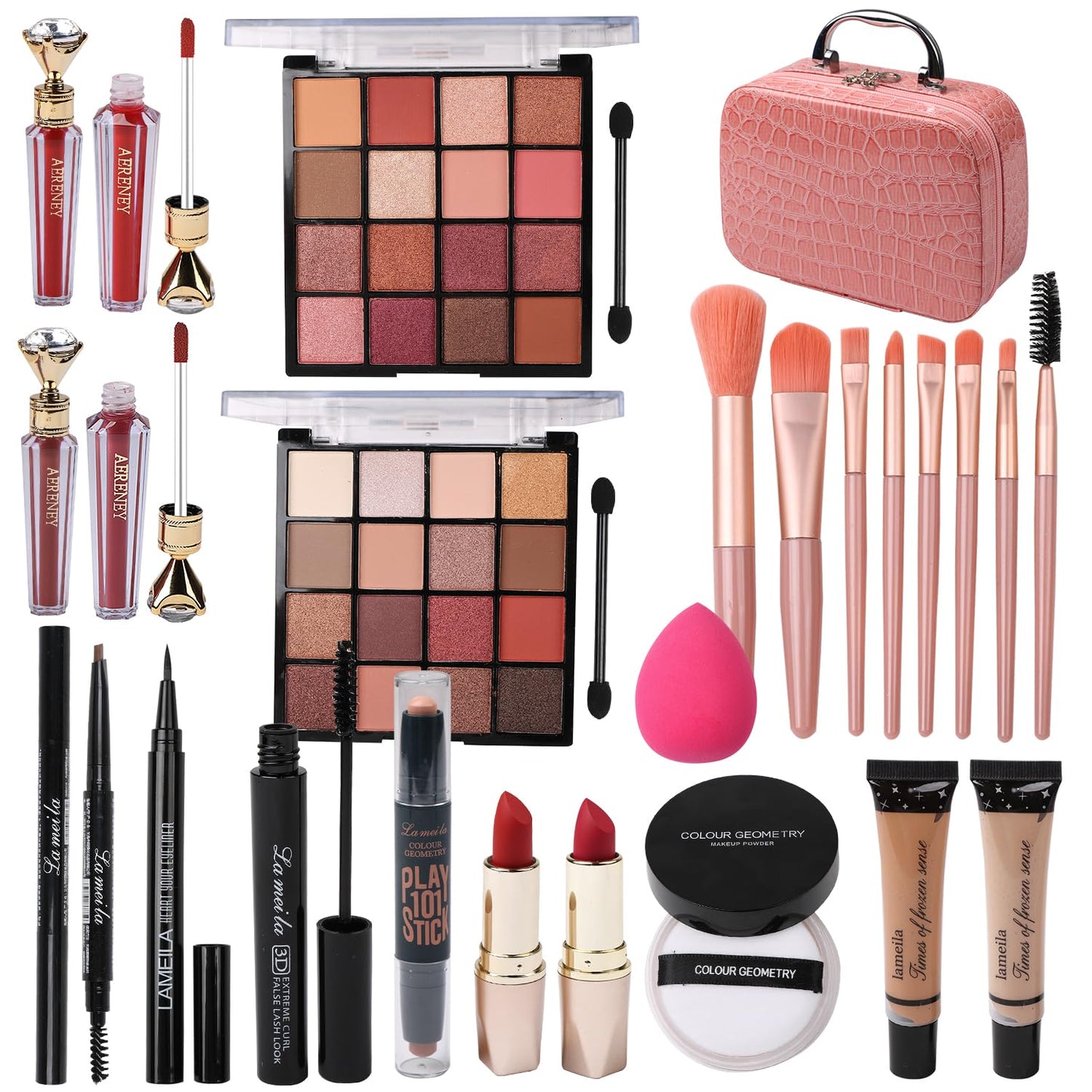 All in One Makeup Kit for Teen Girls - 2X16 Colors Eyeshadow, Liquid Foundation, Eyeliner Pencils, Contouring Stick, Lip Gloss, Eyebrow Pencils & 8pcs Makeup Brushes (Pink)