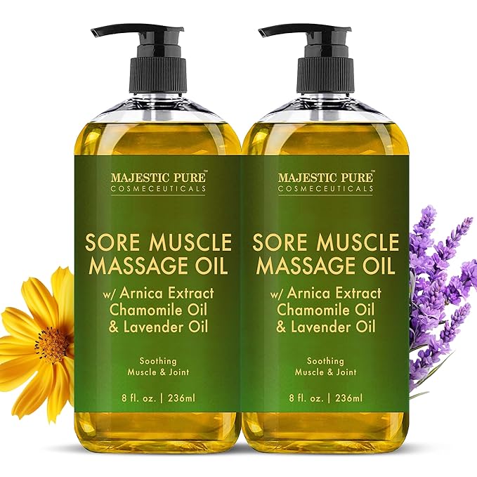 Majestic Pure Arnica Sore Muscle Massage for Massage Therapy - Natural Oil with Lavender and Chamomile Essential Oils - Multipurpose Instant Absorption Full Body Massage Oil - 8 Fl Oz (Pack of 2)