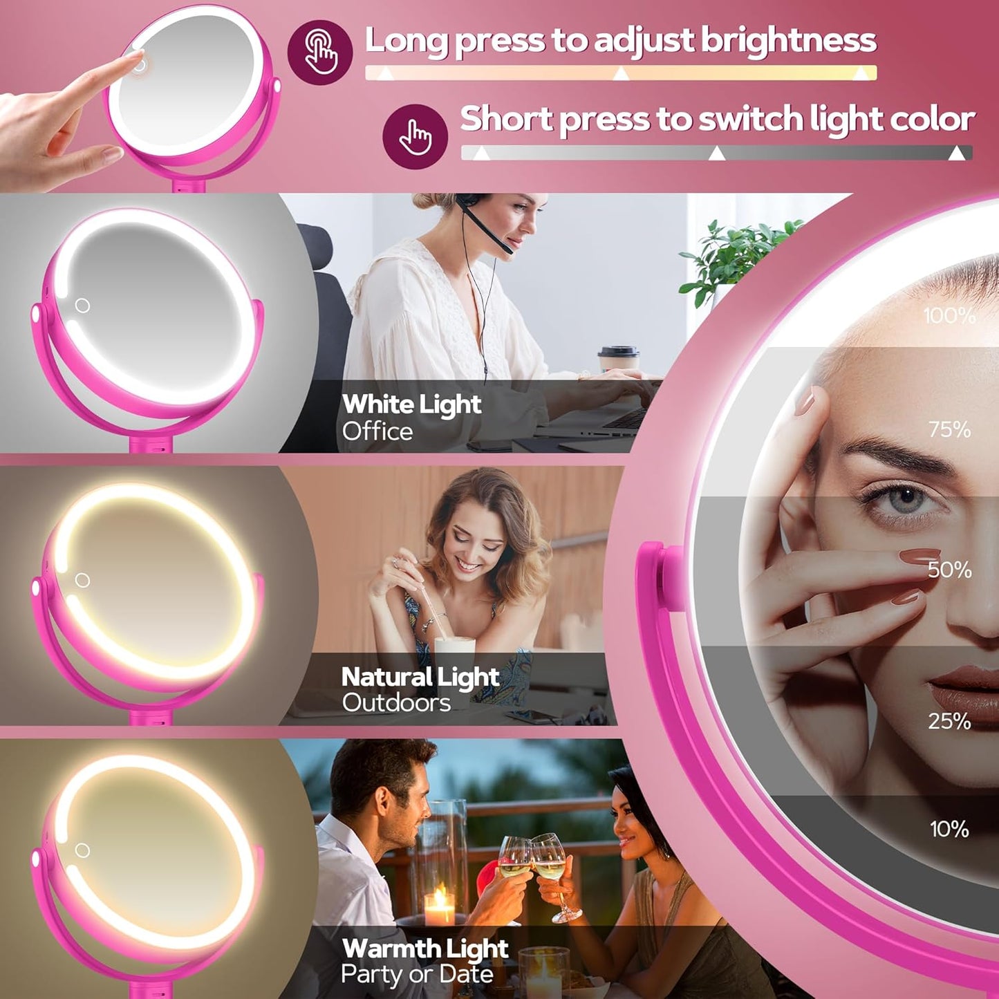 B Beauty Planet Makeup Mirror with Lights, Lighted Magnifying Mirror 30X with 3 Lighting and Adjustable Brightness, 2-Sided Height Adjustable Vanity Mirror for Bathroom, Gifts for Women Hot Pink