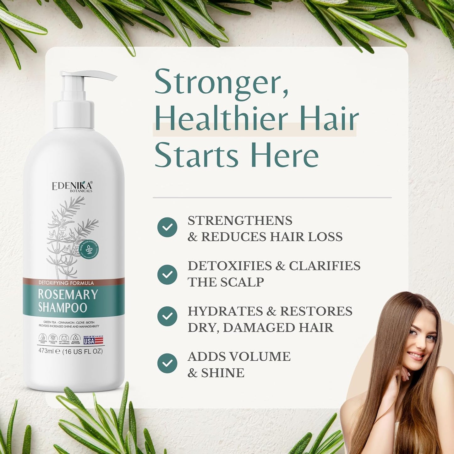 Rosemary Oil Shampoo with Biotin for Thinning Hair & Anti-Hair Loss, Strengthening Botanical Formula, Women & Men, Sulfate-Free, Organic, 16 fl oz