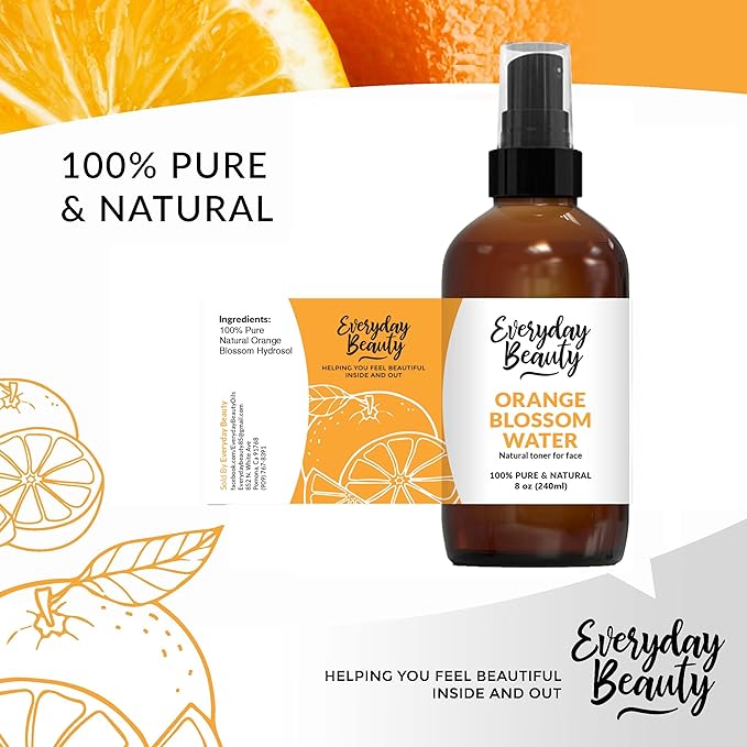 Orange Blossom Water Facial Toner - All Natural Hydrating Spray Mist for Face and Hair - 100% All Natural Orange Blossom Water Hydrosol 8oz with Fine Mist Cap