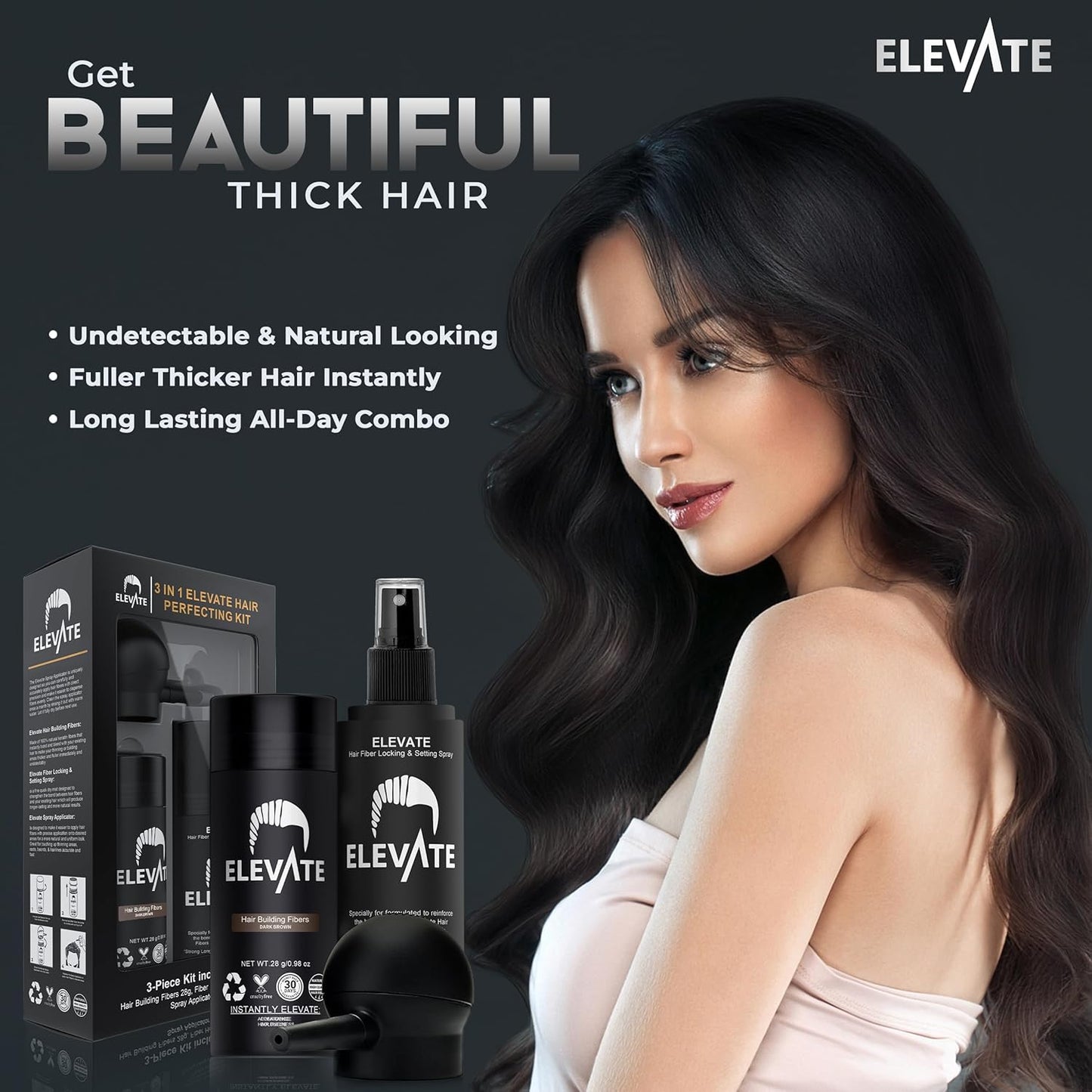 ELEVATE Hair Perfecting 3-in-1 Kit Set Includes Natural Thickening Fibers, Applicator Pump Nozzle & Locking Hold Spray | Instantly Conceal Balding Areas (Dark Brown)