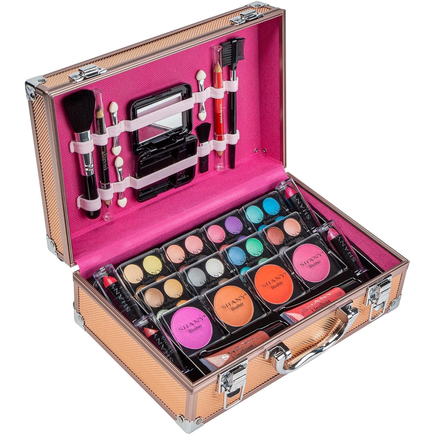 SHANY Carry All Make up Train Case with Pro Makeup Set, Beauty Brushes, Lipsticks, Eye Shadows, Blushes, Powders, and more - Reusable Cosmetics Storage Organizer - Premium Gift Packaging - Rose Gold