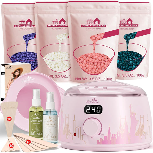 Lifestance Waxing Kit for Women & Men - L2 Blush Metropolis Digital Warmer, Silicone Wax Pot Liner, Hair Removal with 14.1oz Hard Wax Beads & Oil Spray, Professional for Home Brazilian Bikini Face Leg