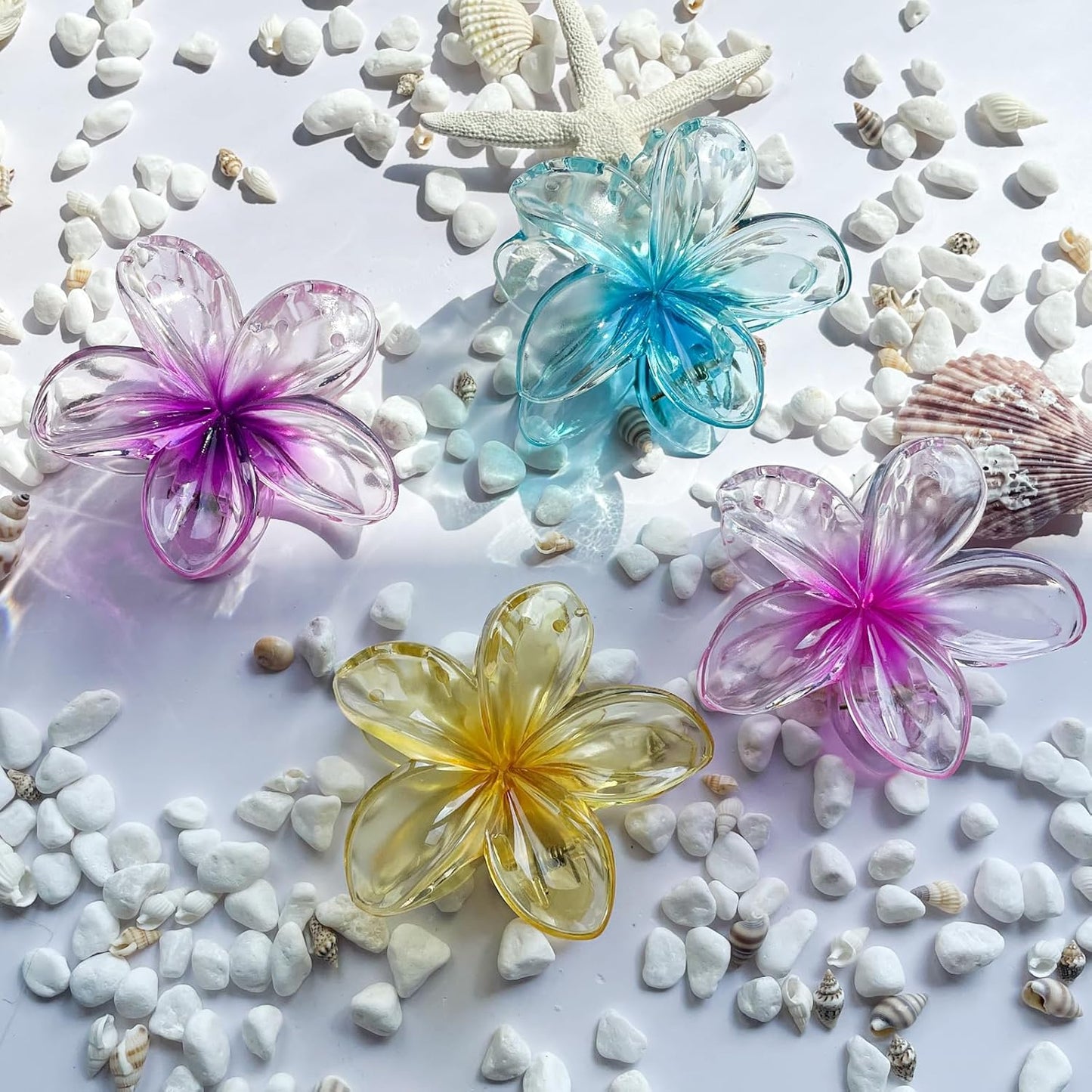 Colorful Clear Flower Hair Claw Clips - 4PCS Large Hawaiian Style Clips for Thick/Thin Hair, Birthday Gifts for Women/Girls