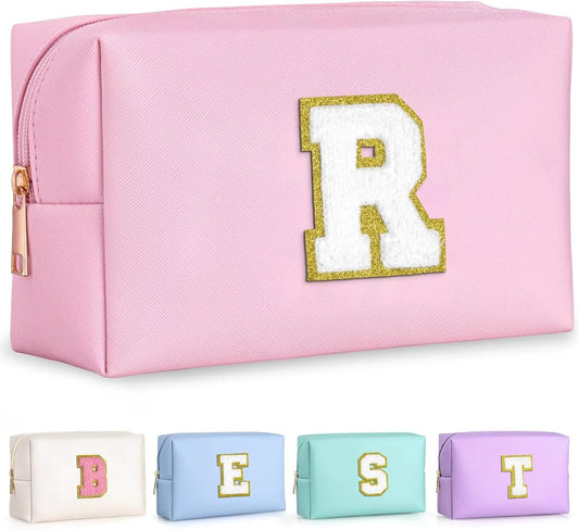 TOPEAST Cosmetic Travel Bags for Women, Preppy Small Makeup Bag, PU Leather Waterproof Toiletry Bag, Unique Friendship Gifts for Friends Coworker, Cute Stuff for Girls (Pink R)