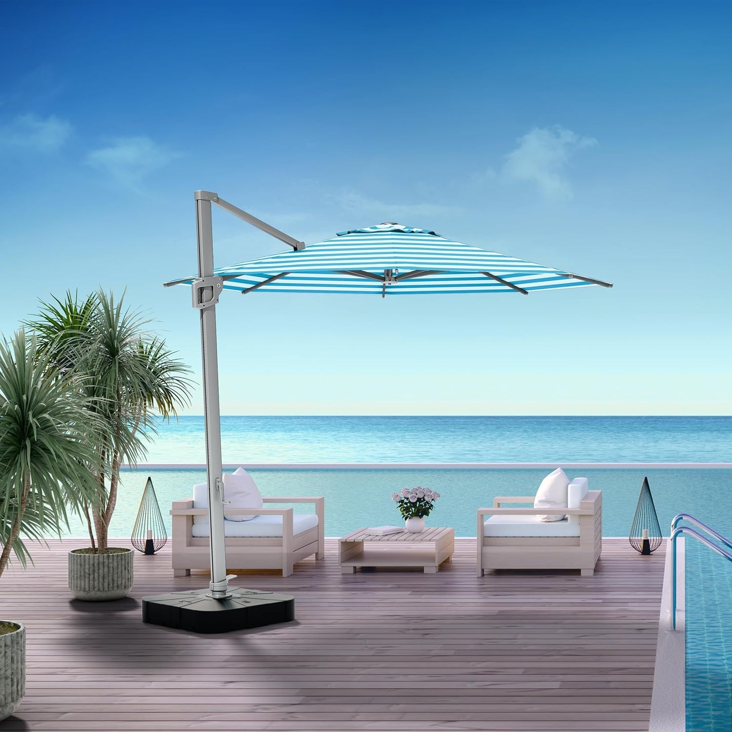 Midtown Umbrellas 10 Ft Outdoor Cantilever Patio Umbrella w/Terylast Cobalt Stripes Fabric - Rotate 360° Offset Patio Umbrella, Deck Patio Umbrella, Backyard Umbrella & Garden Umbrella - Silver Frame