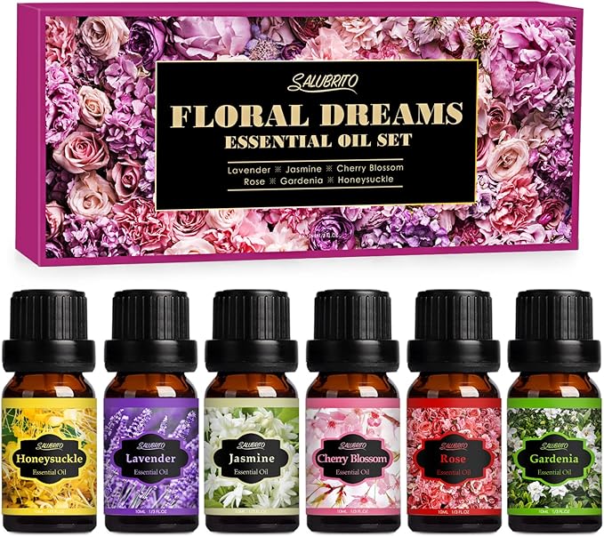 SALUBRITO Floral Fragrance Oils Set, Essential Oils for Diffuser & Candle Making Scents, 6x10ml Aromatherapy Oils Gift Set - Jasmine, Lavender, Rose, Gardenia, Cherry Blossom, Honeysuckle Oil