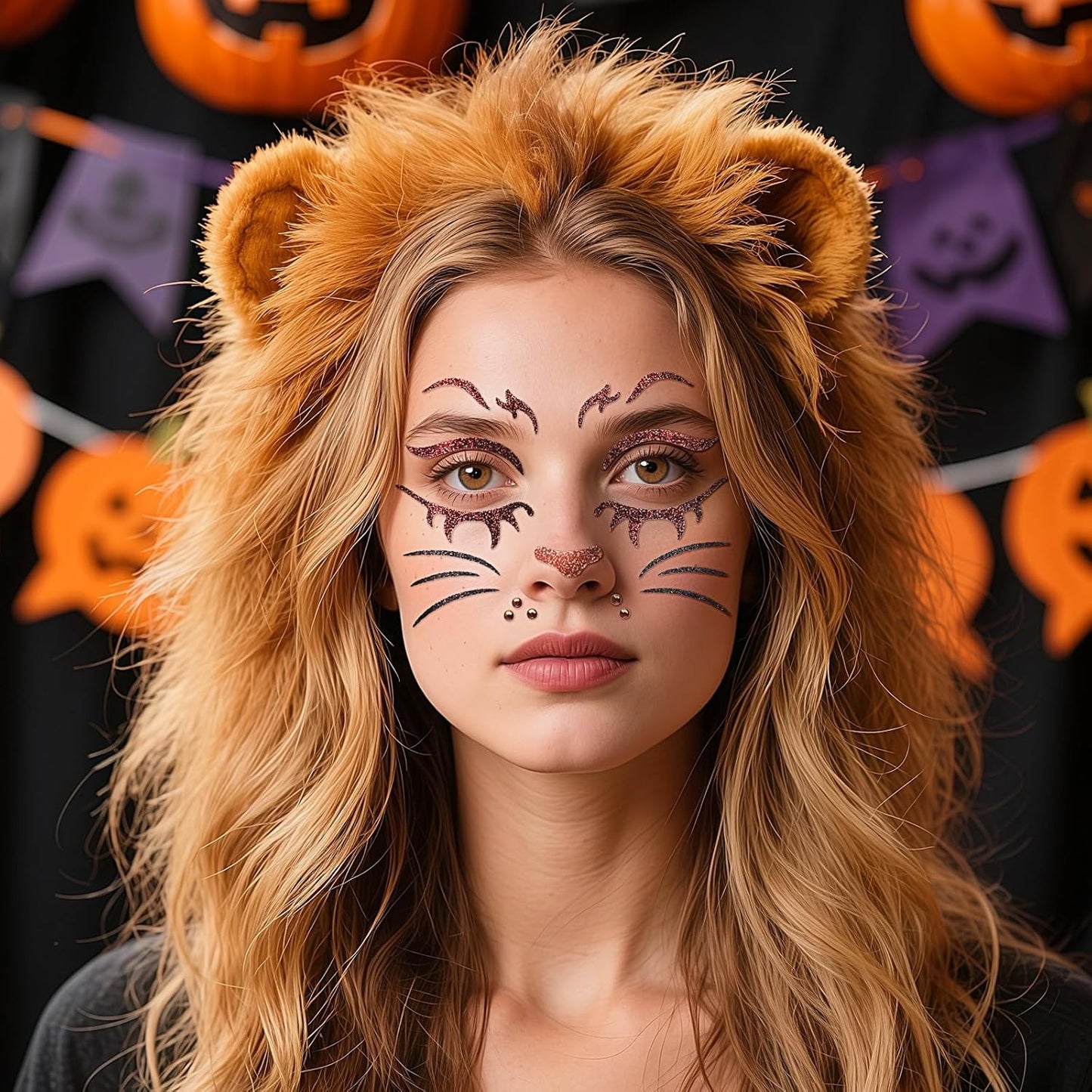 Face Stickers Gems Halloween Temporary Tattoo Sticker Animals Face Sticker Decal Body Face Self-adhesive Sticker Stage Makeup Party Cosplay Decoration 2pcs (lion)