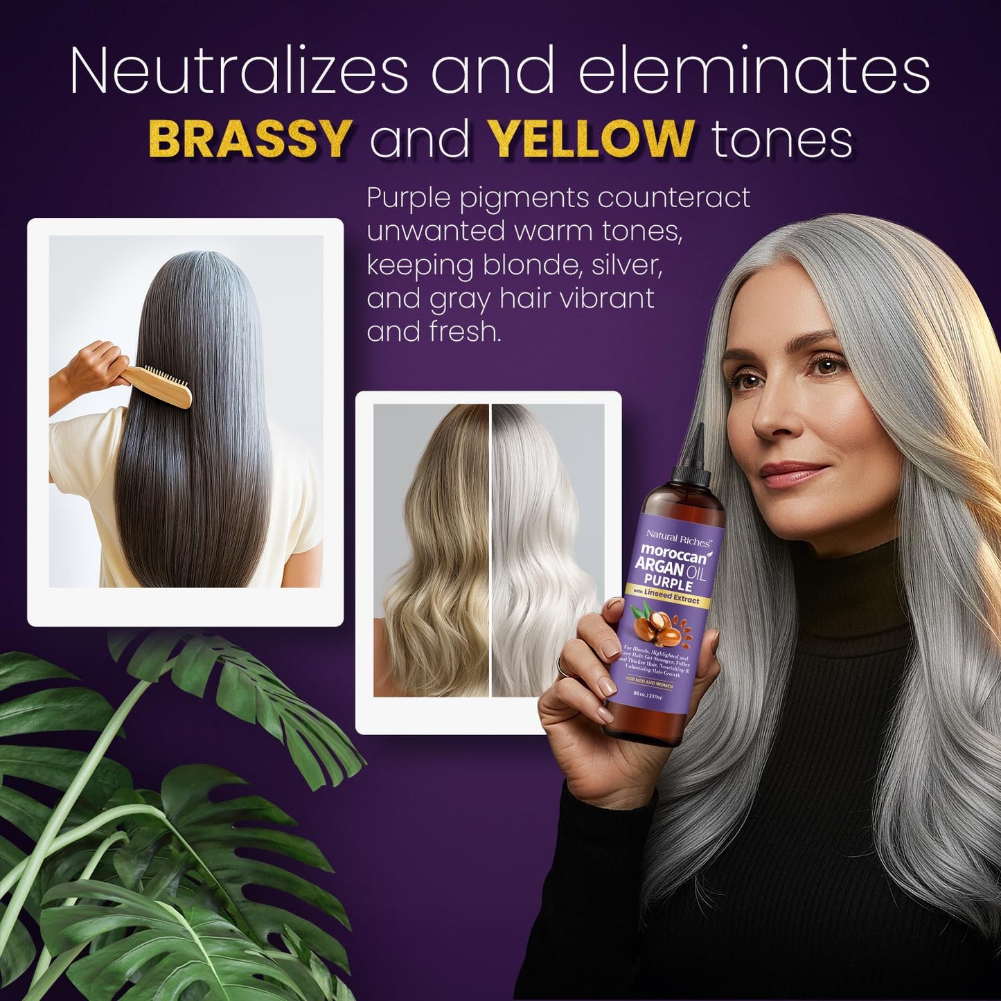 Natural Riches Moroccan Argan Oil Purple, Anti-Brass Hair Treatment with Linseed Extract for Silver Blonde Platinum Hair removes Yellow & Brass tones. Grey Highlighted Hair 8 fl oz